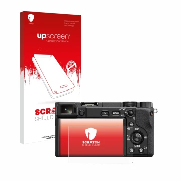 Parte frontale di una confezione del prodotto con il logo del marchio upscreen. Accanto è raffigurato il dispositivo Sony Alph