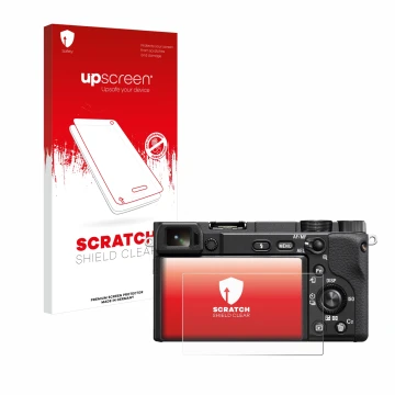 Parte frontale di una confezione del prodotto con il logo del marchio upscreen. Accanto è raffigurato il dispositivo Sony Alph