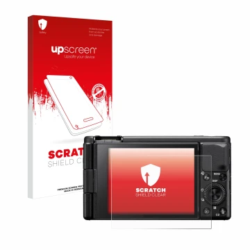 Parte frontale di una confezione del prodotto con il logo del marchio upscreen. Accanto è raffigurato il dispositivo Sony ZV-1
