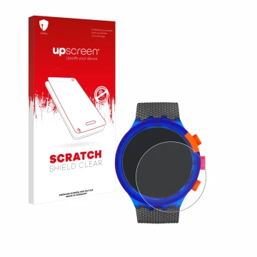Parte frontale di una confezione del prodotto con il logo del marchio upscreen. Accanto è raffigurato il dispositivo Swatch Ne