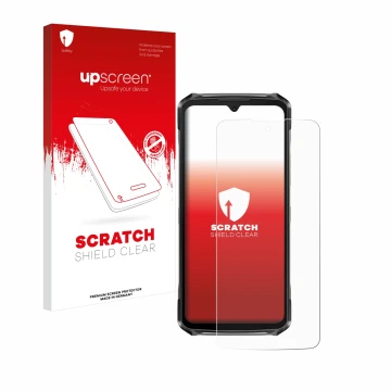 Parte frontale di una confezione del prodotto con il logo del marchio upscreen. Accanto è raffigurato il dispositivo Doogee S1