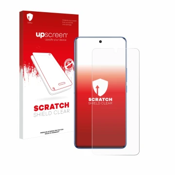 Parte frontale di una confezione del prodotto con il logo del marchio upscreen. Accanto è raffigurato il dispositivo Vivo V50 