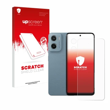 Parte frontale di una confezione del prodotto con il logo del marchio upscreen. Accanto è raffigurato il dispositivo Motorola 