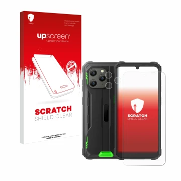 Parte frontale di una confezione del prodotto con il logo del marchio upscreen. Accanto è raffigurato il dispositivo Blackview