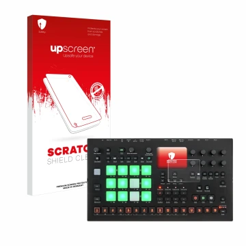 Parte frontale di una confezione del prodotto con il logo del marchio upscreen. Accanto è raffigurato il dispositivo Elektron 
