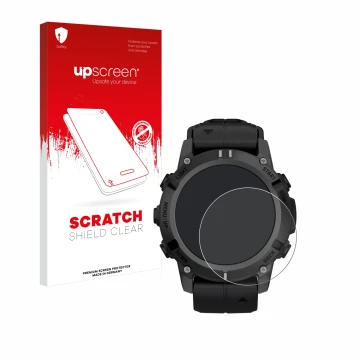 Parte frontale di una confezione del prodotto con il logo del marchio upscreen. Accanto è raffigurato il dispositivo Garmin De