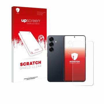 Parte frontale di una confezione del prodotto con il logo del marchio upscreen. Accanto è raffigurato il dispositivo Samsung G