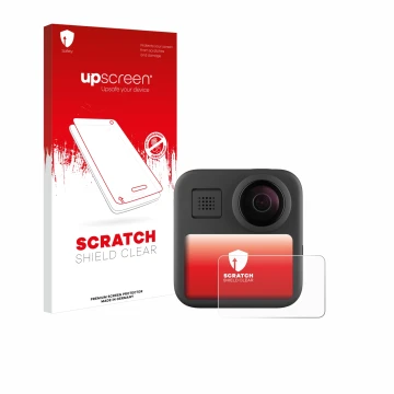 Parte frontale di una confezione del prodotto con il logo del marchio upscreen. Accanto è raffigurato il dispositivo GoPro Max