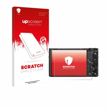 Parte frontale di una confezione del prodotto con il logo del marchio upscreen. Accanto è raffigurato il dispositivo Sony Cybe