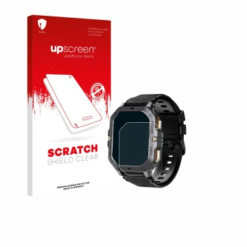 Parte frontale di una confezione del prodotto con il logo del marchio upscreen. Accanto è raffigurato il dispositivo Oukitel B