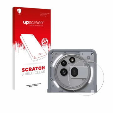 Parte frontale di una confezione del prodotto con il logo del marchio upscreen. Accanto è raffigurato il dispositivo Nothing P