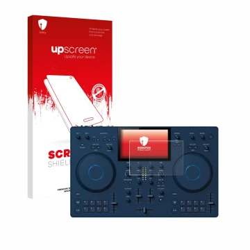 Parte frontale di una confezione del prodotto con il logo del marchio upscreen. Accanto è raffigurato il dispositivo AlphaThet
