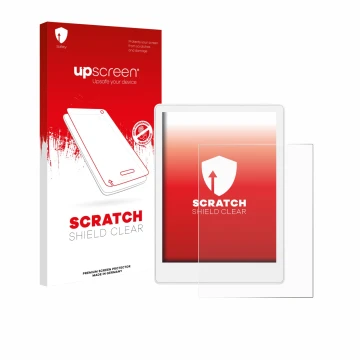 Parte frontale di una confezione del prodotto con il logo del marchio upscreen. Accanto è raffigurato il dispositivo Meebook M