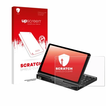 Parte frontale di una confezione del prodotto con il logo del marchio upscreen. Accanto è raffigurato il dispositivo GPD Pocke