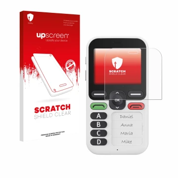 Parte frontale di una confezione del prodotto con il logo del marchio upscreen. Accanto è raffigurato il dispositivo Doro Leva