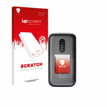 Parte frontale di una confezione del prodotto con il logo del marchio upscreen. Accanto è raffigurato il dispositivo Doro 2880