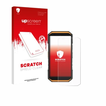 Parte frontale di una confezione del prodotto con il logo del marchio upscreen. Accanto è raffigurato il dispositivo Ulefone A