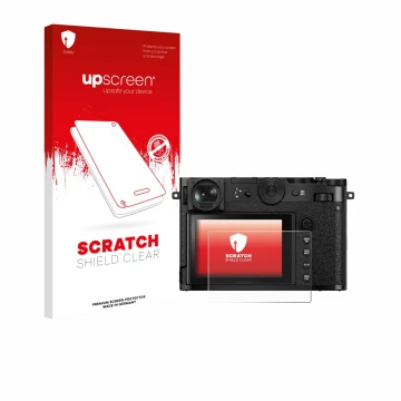 Parte frontale di una confezione del prodotto con il logo del marchio upscreen. Accanto è raffigurato il dispositivo Fujifilm 