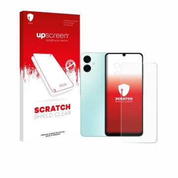 Parte frontale di una confezione del prodotto con il logo del marchio upscreen. Accanto è raffigurato il dispositivo Samsung G