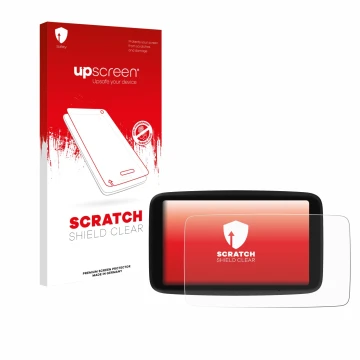 Parte frontale di una confezione del prodotto con il logo del marchio upscreen. Accanto è raffigurato il dispositivo TomTom Go