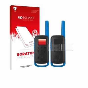 Parte frontale di una confezione del prodotto con il logo del marchio upscreen. Accanto è raffigurato il dispositivo Motorola 