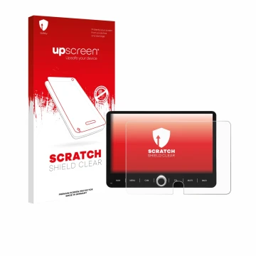 Parte frontale di una confezione del prodotto con il logo del marchio upscreen. Accanto è raffigurato il dispositivo Dynavin D