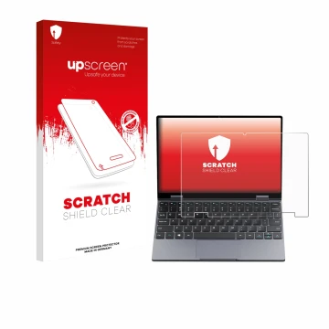 Parte frontale di una confezione del prodotto con il logo del marchio upscreen. Accanto è raffigurato il dispositivo Chuwi Min