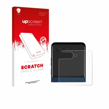 Parte frontale di una confezione del prodotto con il logo del marchio upscreen. Accanto è raffigurato il dispositivo Motorola 