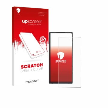 Parte frontale di una confezione del prodotto con il logo del marchio upscreen. Accanto è raffigurato il dispositivo ZTE Nubia