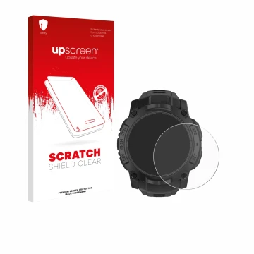 Parte frontale di una confezione del prodotto con il logo del marchio upscreen. Accanto è raffigurato il dispositivo Garmin In