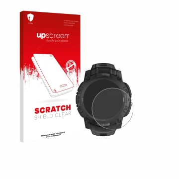 Parte frontale di una confezione del prodotto con il logo del marchio upscreen. Accanto è raffigurato il dispositivo Garmin In
