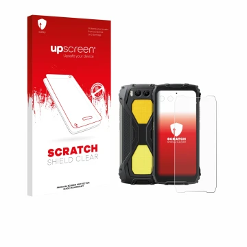 Parte frontale di una confezione del prodotto con il logo del marchio upscreen. Accanto è raffigurato il dispositivo Blackview