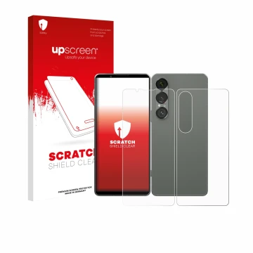 Parte frontale di una confezione del prodotto con il logo del marchio upscreen. Accanto è raffigurato il dispositivo Sony Xper