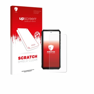 Parte frontale di una confezione del prodotto con il logo del marchio upscreen. Accanto è raffigurato il dispositivo Ulefone A