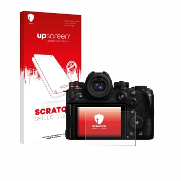 Parte frontale di una confezione del prodotto con il logo del marchio upscreen. Accanto è raffigurato il dispositivo Panasonic