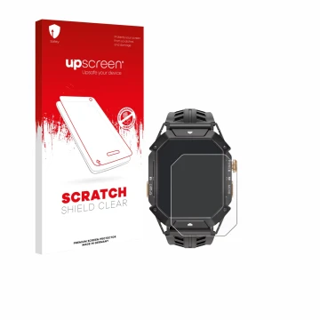 Parte frontale di una confezione del prodotto con il logo del marchio upscreen. Accanto è raffigurato il dispositivo Oukitel B