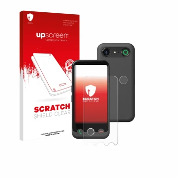 Parte frontale di una confezione del prodotto con il logo del marchio upscreen. Accanto è raffigurato il dispositivo Doro Auro