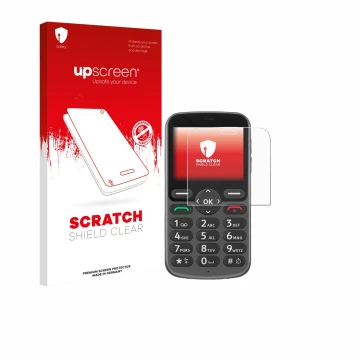 Parte frontale di una confezione del prodotto con il logo del marchio upscreen. Accanto è raffigurato il dispositivo Doro 1380