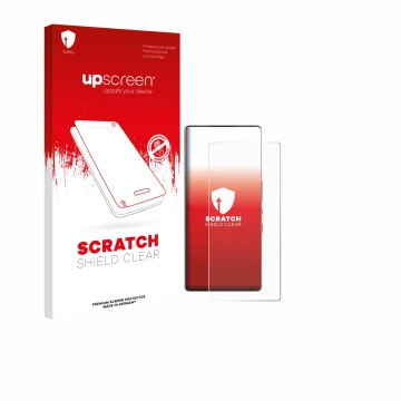 Parte frontale di una confezione del prodotto con il logo del marchio upscreen. Accanto è raffigurato il dispositivo ZTE Nubia