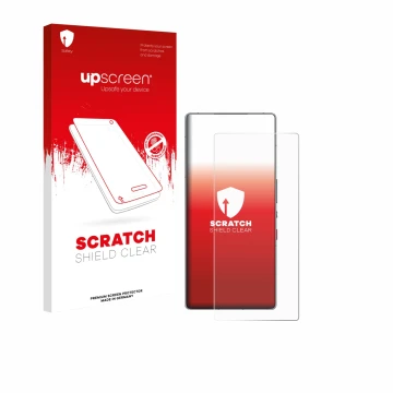 Parte frontale di una confezione del prodotto con il logo del marchio upscreen. Accanto è raffigurato il dispositivo ZTE Nubia