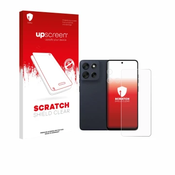 Parte frontale di una confezione del prodotto con il logo del marchio upscreen. Accanto è raffigurato il dispositivo Motorola 