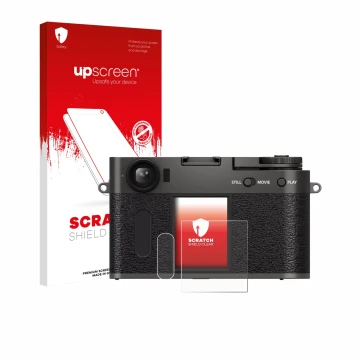 Parte frontale di una confezione del prodotto con il logo del marchio upscreen. Accanto è raffigurato il dispositivo Fujifilm 