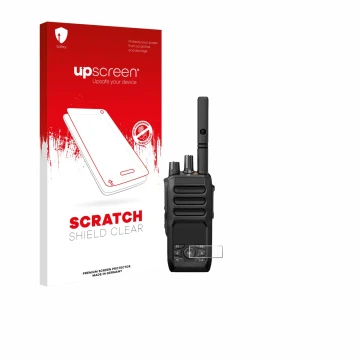 Parte frontale di una confezione del prodotto con il logo del marchio upscreen. Accanto è raffigurato il dispositivo Motorola 