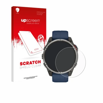 Parte frontale di una confezione del prodotto con il logo del marchio upscreen. Accanto è raffigurato il dispositivo Garmin qu