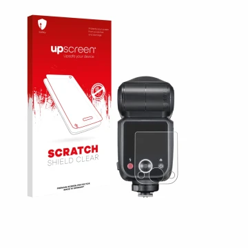 Parte frontale di una confezione del prodotto con il logo del marchio upscreen. Accanto è raffigurato il dispositivo Godox V10