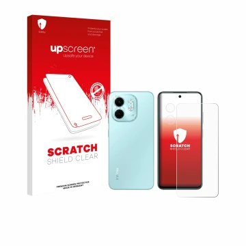 Parte frontale di una confezione del prodotto con il logo del marchio upscreen. Accanto è raffigurato il dispositivo Infinix S