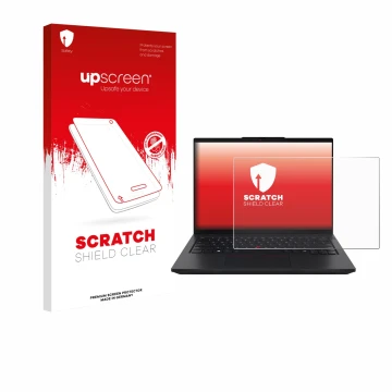 Parte frontale di una confezione del prodotto con il logo del marchio upscreen. Accanto è raffigurato il dispositivo Lenovo Th