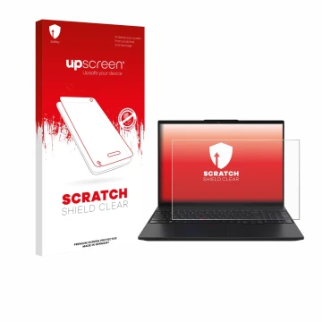 Parte frontale di una confezione del prodotto con il logo del marchio upscreen. Accanto è raffigurato il dispositivo Lenovo Th