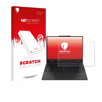Parte frontale di una confezione del prodotto con il logo del marchio upscreen. Accanto è raffigurato il dispositivo Lenovo Th
