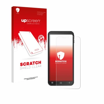 Parte frontale di una confezione del prodotto con il logo del marchio upscreen. Accanto è raffigurato il dispositivo Emporia S